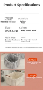 Detailed dimensions of hand-woven cotton rope storage baskets in small and large sizes