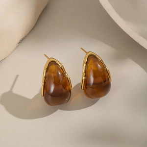 Braune geometrische Harz-Ohrstecker in Tropfenform mit goldenem Edelstahlrahmen für Damen
