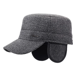 Men's winter flat top hat with ear flaps in thick dark grey fabric and metal logo detail