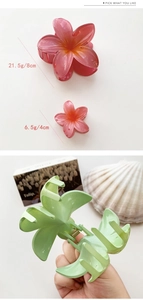 Detail of pink and green gradient plumeria hair claws in 8cm and 4cm sizes with springs