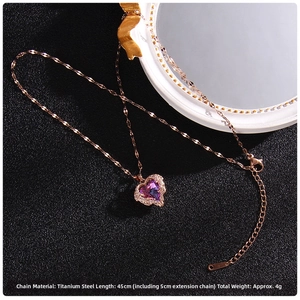 Detailed close-up of a purple heart crystal pendant on a rose gold titanium steel chain