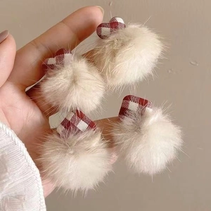 Red Plaid Heart Plush Pom Pom Stud Earrings With 925 Sterling Silver Earring Post Sweet Korean Style For Women