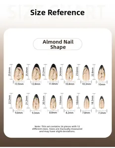 Guide des tailles pour faux ongles amande avec 12 dimensions et motifs de vagues noir et or