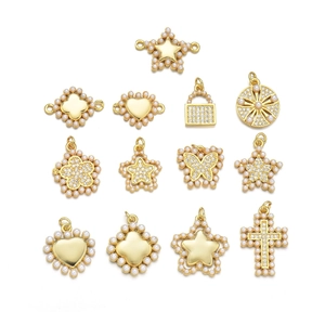 Golden pendant set with inlaid pearls and cubic zirconia in star and heart shapes