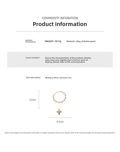 Detailed size and weight specs for a layered cross necklace with imitation pearls