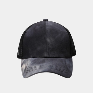 Tie-dye ponytail baseball cap with breathable mesh back and adjustable snap closure