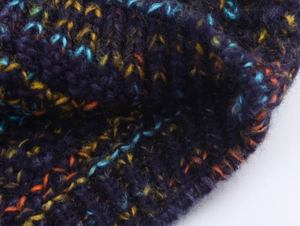 Detailed macro view of the coarse knit sweater fabric with colorful mixed yarn textures