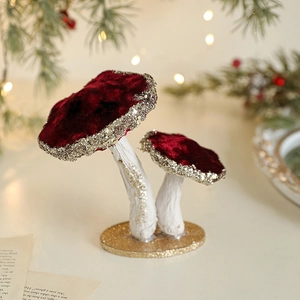 Deep red velvet mushroom ornaments with silver sequins and gold glitter base for Christmas