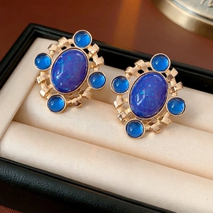 Retro Palace Style Stud Earrings With Gold Tone Alloy Blue Resin Stone And Silver Earring Post For Women