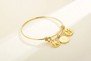 Detailed shot of golden Pisces charm bracelet with Intuitive engraving and wired band