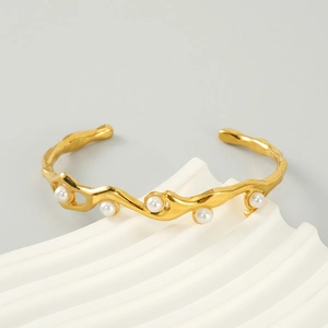 Wavy Bangle Bracelet Stainless Steel 18K Gold Plated With White Artificial Pearls Irregular Open Cuff Elegant Jewelry For Women
