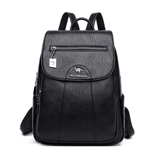Women's black faux sheepskin backpack with kangaroo logo and large storage capacity