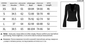 Detailed size chart for lace deep V-neck long sleeve top with shoulder and bust measurements