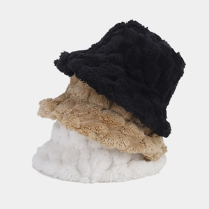 Winter plush bucket hats with pineapple texture in black, khaki, and white soft faux fur