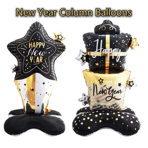 Happy New Year Standing Balloon Aluminum Foil Decorative Column With Base For Party Celebration Black Gold Theme