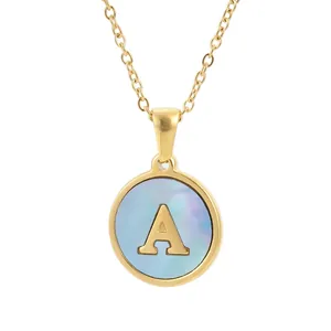 Alphabet Round Pendant Necklace 18K Gold Plated 304 Stainless Steel Blue Mother Of Artificial Pearl Initial For Women Elegant Commute