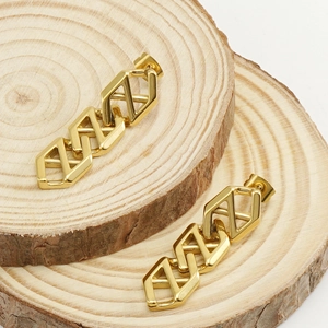 Chic 18K gold plated geometric chain link earrings on a natural wood surface background