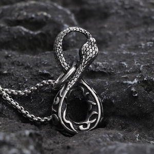 Punk vintage silver snake pendant necklace for men with detailed python scales texture