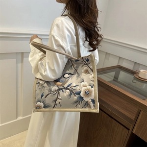 Linen tote bag with vintage flower and bird print and woven handles for women