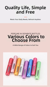 Detailed view of 5ml portable perfume atomizers in 8 colors with transparent windows