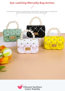 Close-up of quilted jelly mini bags with pearl handles and sparkling rhinestone studs