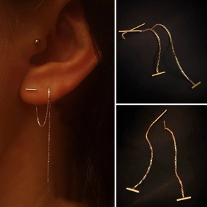 Long gold-plated stainless steel box chain threader earrings with tassel for women