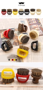 Macro detail of ergonomic ring handle beard brushes with vintage barber shop aesthetics