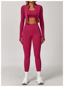 Detailed view of high-waist fitness yoga set with hooded jacket and seamless leggings