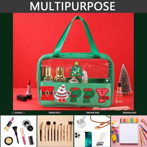 Green Christmas chenille embroidered pouch with PVC window and multifunctional compartments