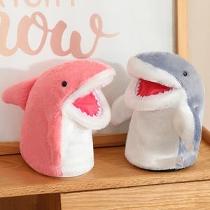 Cute shark hand puppets in pink and grey plush fabric for interactive role-play and storytelling