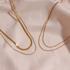 Double-layered 18K gold plated stainless steel herringbone and thin link chain necklace
