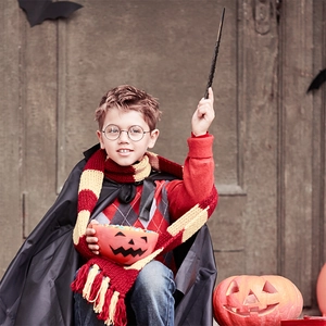 Wizard cosplay set featuring a black cloak, striped scarf, round glasses, and magic wand