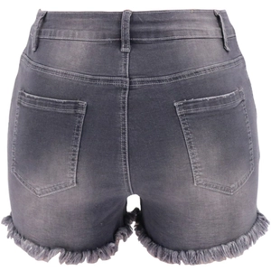 Detail of grey high-waisted denim shorts featuring back pockets and frayed raw-cut hems