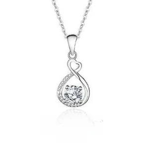 Detail of S925 sterling silver infinity necklace featuring a brilliant round moissanite stone