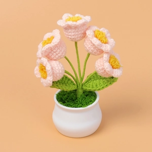 Handmade crochet pink lily of the valley potted plant with five flowers in a white pot