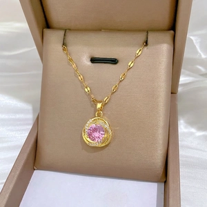 Luxury gold titanium steel necklace with rotating pink zircon pendant and crystal accents