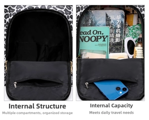 Detailed interior of leopard print backpack showing large capacity with multiple pockets