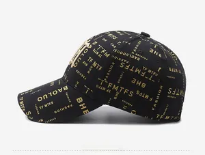 Détail d'une casquette de baseball noire avec motifs dorés et texture en coton