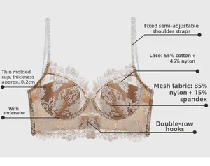 Detailed view of lace bra with 0.2cm thin cups, underwire, and cotton lace fabric info