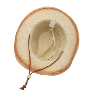 Handwoven straw cowboy hat with gradient brim and adjustable wind rope for beach travel