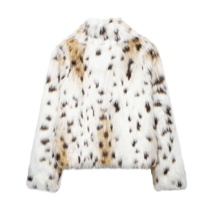 Close-up of fluffy faux fur texture and leopard spot pattern on women short coat
