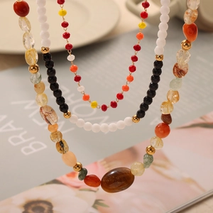 Bohemian Stainless Steel Natural Stone Beaded Necklace For Women Colorful Layered Design Handmade Fashion Jewelry Gift