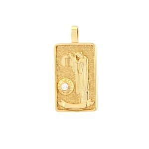 Detailed view of a gold-plated tarot card pendant featuring a carved hermit and clear zircon