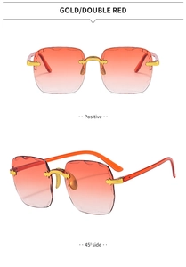 Front and 45-degree views of rimless square sunglasses with gold and red gradient lenses