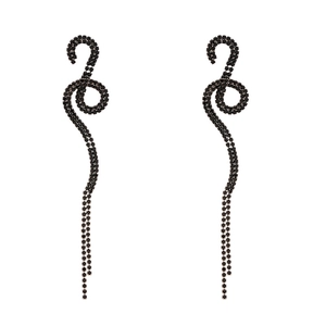 Exaggerated black twisted snake earrings with dark rhinestones in a long tassel design