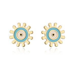 Close-up of gold evil eye stud earrings with turquoise enamel and geometric sunburst shape