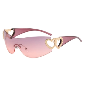 Women Rimless Shield Sunglasses Y2K Wrap Around One-Piece Gradient Lens With Double Heart Metal Hinge UV400 Protection