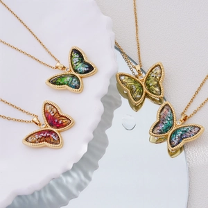 Minimalist 18K gold plated copper butterfly pendant necklace in four vibrant colors