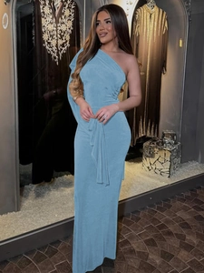 Elegant light blue one shoulder floor length evening gown with flowing strap details