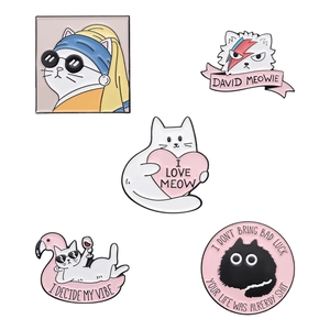 Set of 5 creative white cat enamel pins with artistic parody and humorous slogans